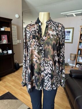 Bongo sheer camo & animal print long roll tab sleeves Vneck blouse-1X